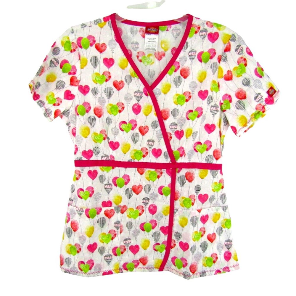Dickies White Pink Scrub Top Medical Dental Nursing S Balloons Love Care Hearts